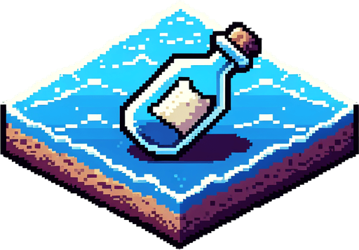 8 bit. cartoon. bottle with a message . floating in the water.  in game asset. no background. Single Game Texture. In-Game asset. 2d. Blank background. High contrast. No shadows.