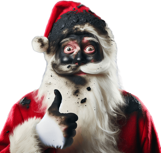 A funny Santa Claus  disheveled and covered by black soot after an explosion. stary night. High contrast.