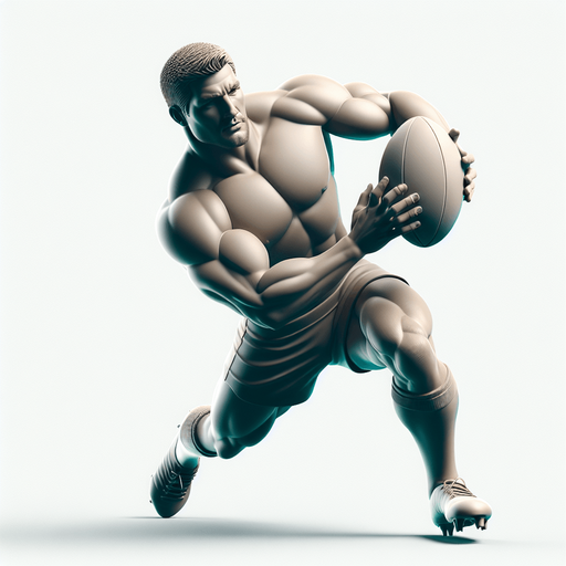 Joueur de rugby avec un charure musclé et qui a la balle 
Il attaque.
Single Game Texture. In-Game asset. 3d. Blank background. High contrast. No shadows.