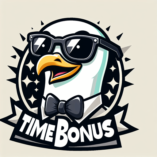 Create a  cartoon-style illustration of a smiling face of a seagul with black shades with the words "Time Bonus" at the bottom of it.
Single Game Texture. In-Game asset. 2d. Blank background. High contrast. No shadows.