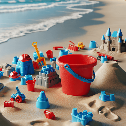 beach construction toys. red bucket with blue handle..
photorealistic