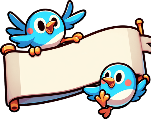 Create a cartoon-style illustration of two birds holding an empty banner by their feet. The goal is to capture a lively and playful location..
Single Game Texture. In-Game asset. 2d. Blank background. High contrast. No shadows.