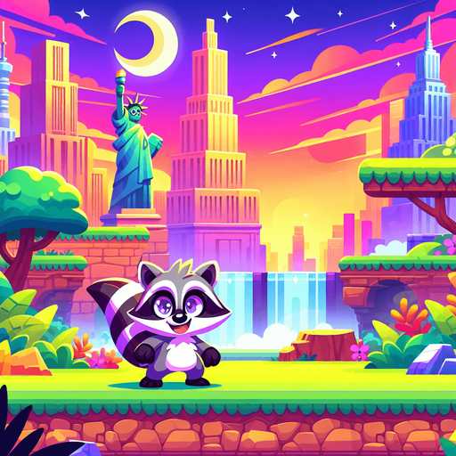 Bright Amazing games background for modern stoner raccoon game. It should be epic! Single Game Texture. In-Game asset. 2d. Blank background. High contrast. No shadows.