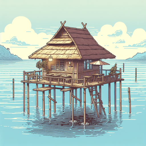 Create a cartoon-style illustration of a small bar hut on short stilts, above water,  close view.
Single Game Texture. In-Game asset. 2d. Blank background. High contrast. No shadows.