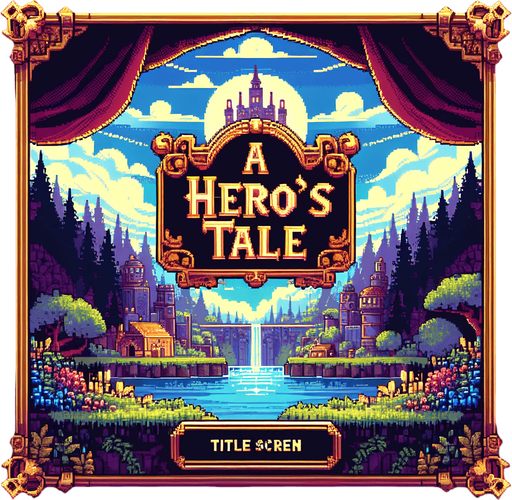 "A Hero's Tale" title screen text I want the art style to reflect a classic 16-bit retro pixel art aesthetic, reminiscent of early 1990s RPGs with vibrant colors. The environment should have a rich, fantasy-themed design with intricate backgrounds and a nostalgic, old-school feel..
Single Game Texture. In-Game asset. 2d. Blank background. High contrast. No shadows.