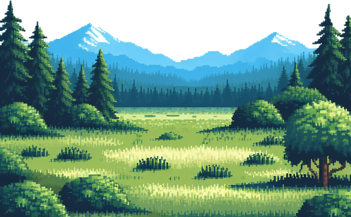 pixelart. A beautiful bue sommer sky without a cloud in the sky above the treetops of a forest and distant mountains. The foreground should be an grassy clearing..
Single Game Texture. In-Game asset. 2d. Blank background. High contrast. No shadows.