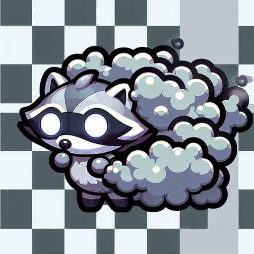 Raccoon Chibi character covered in smoke full bodied transparent background Single Game Texture. In-Game asset. 2d. Blank background. High contrast. No shadows.