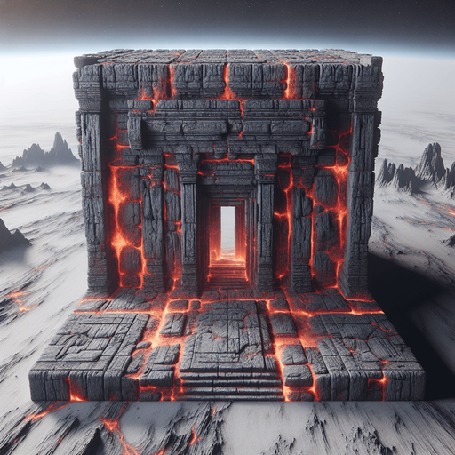 Interior of volcanic temple ruins in outerspace..
Single Game Texture. In-Game asset. 2d. Blank background. High contrast. No shadows.