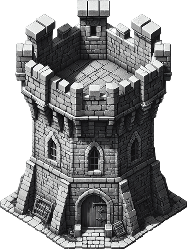 a medieval style stone tower. top down view. Single Game Texture. In-Game asset. 2d. Blank background. High contrast. No shadows.