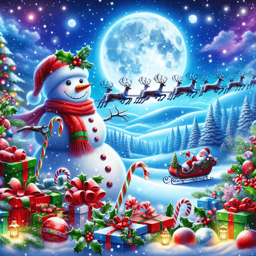 a feeric christmas landscape at night with a snow man , candy canes ,holly leafs and snow flakes, Santa's reindeers, green, red and blue presents Background image