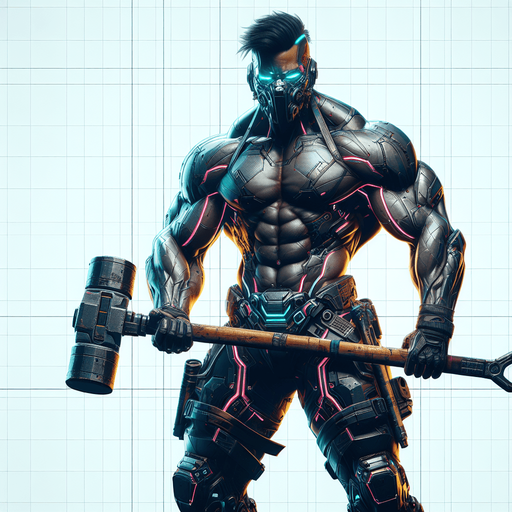 a cyberpunk bodybuilder with a sledgehammer.
Single Game Texture. In-Game asset. 2d. Blank background. High contrast. No shadows.