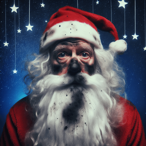 A funny Santa Claus  disheveled and covered by black soot after an explosion. stary night. High contrast.