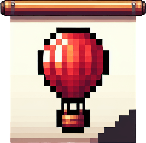 a pixel hot air balloon.
Single Game Texture. In-Game asset. 2d. Blank background. High contrast. No shadows.