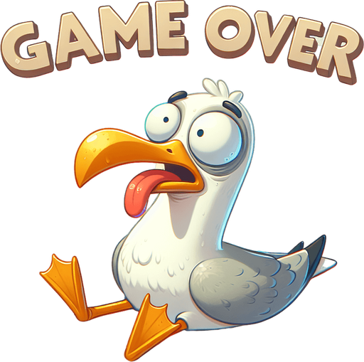 Create a close-up cartoon-style illustration of an dizzy seagull with his tongue sticking out on an empty sandy beach. The goal is to capture a lively and playful game over screen. Make sure 'game over' is written..
Single Game Texture. In-Game asset. 2d. Blank background. High contrast. No shadows.