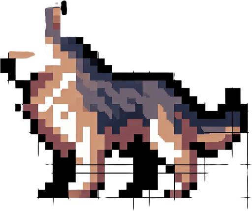 A 2D pixel shepherd dog transparent.
Single Game Texture. In-Game asset. 2d. Blank background. High contrast. No shadows.