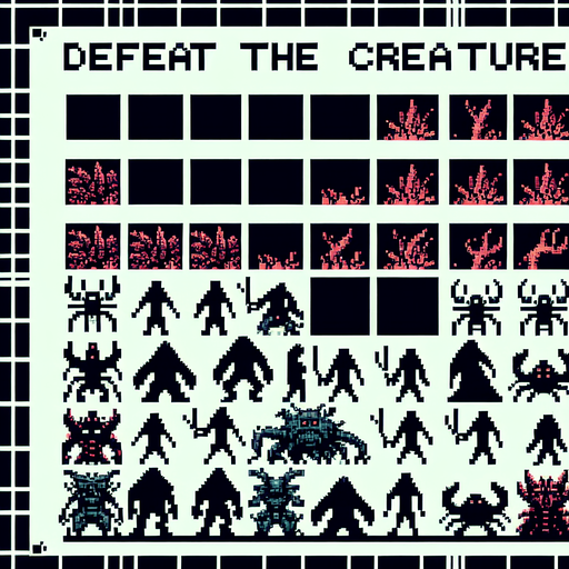 Text that says Defeat the creature, I want the art style to reflect a classic 16-bit retro pixel art aesthetic, reminiscent of early 1990s RPGs.
Single Game Texture. In-Game asset. 2d. Blank background. High contrast. No shadows.