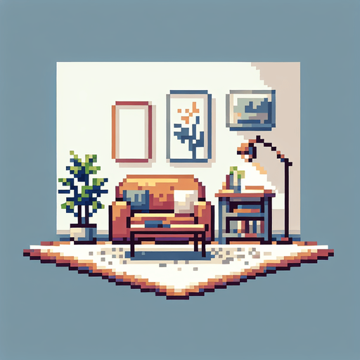 pixel art living room.
Single Game Texture. In-Game asset. 2d. Blank background.