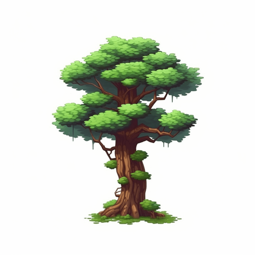 single background tree, full view.
Game Texture. In-Game asset. 2d. Pixelart. White background. Blank background. Low detail. High contrast.