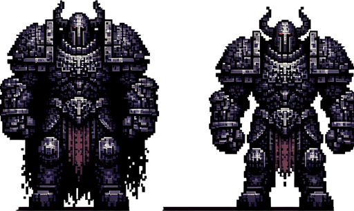 a colossal menacing black knight in heavy armor. pixelart game sprite. front view. Single Game Texture. In-Game asset. 2d. Blank background. High contrast. No shadows.