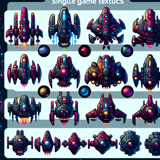 Sprite sheet of different Enemy Boss spaceship, alien looking. Vibrant colors. Cartoon feeling. 4 sprites per sprite sheet.
Single Game Texture. In-Game asset. 2d. Blank background. High contrast. No shadows.