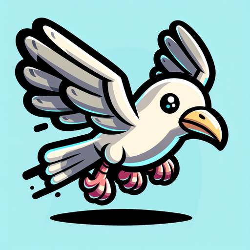 Create a cartoon-style illustration of a flying seagull. The goal is to capture a lively and playful character. Front perspective.
Single Game Texture. In-Game asset. 2d. Blank background. High contrast. No shadows.