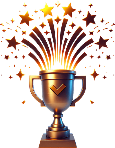 Un trophée de victoire sous forme d'une coupe d'où s'échappe un feu d'artifice..
Single Game Texture. In-Game asset. 2d. Blank background. High contrast. No shadows.