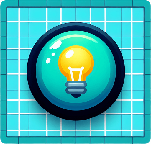 A round cyan button with a yellow lamp bulb..
Single Game Texture. In-Game asset. 2d. Blank background. High contrast. No shadows.