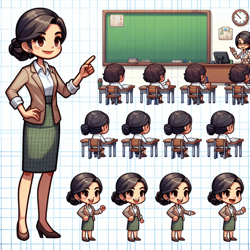 A spritesheet containing several poses of a young female teacher in front of her classroom..
Single Game Texture. In-Game asset. 2d. Blank background. High contrast. No shadows.