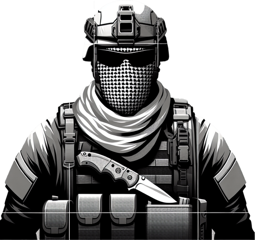 A military goon with a pocket knife.
Single Game Texture. In-Game asset. 2d. Blank background. High contrast. No shadows.