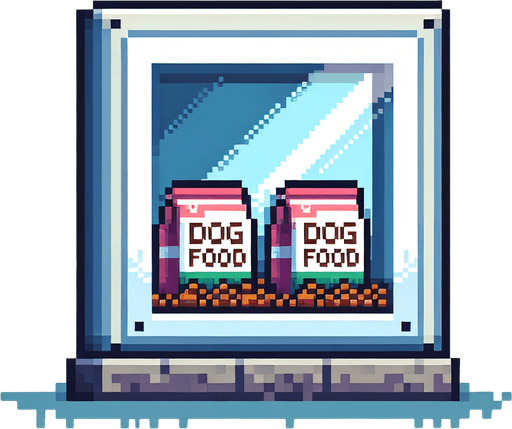 pixel art window with dog food bags displayed within it.
Single Game Texture. In-Game asset. 2d. Blank background.