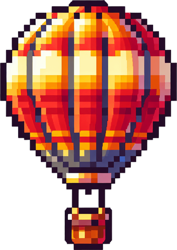 a pixel hot air balloon.
Single Game Texture. In-Game asset. 2d. Blank background. High contrast. No shadows.