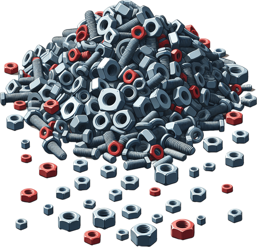 2d pile of gray and red nuts and bolts Single Game Texture. In-Game asset. 2d. Blank background. High contrast. No shadows.