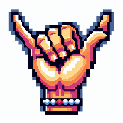 8 bit. cartoon. surf shaka hand. Single Game Texture. In-Game asset. 2d. Blank background. High contrast. No shadows.