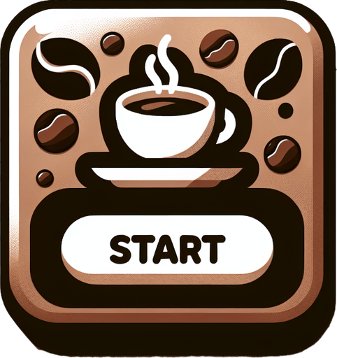 Rectangular coffee themed start button.
Single Game Texture. In-Game asset. 2d. Blank background. High contrast. No shadows.