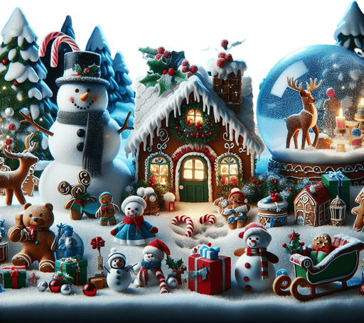 a feeric christmas landscape at night with a snow man , candy canes ,holly leafs and snow flakes, cute penguin, Santa's reindeers, green, red and blue presents and a lot of toys, a sled, gingerbread boy and girl, snow globes, a cute polar bear cub. a gingerbread house Background image