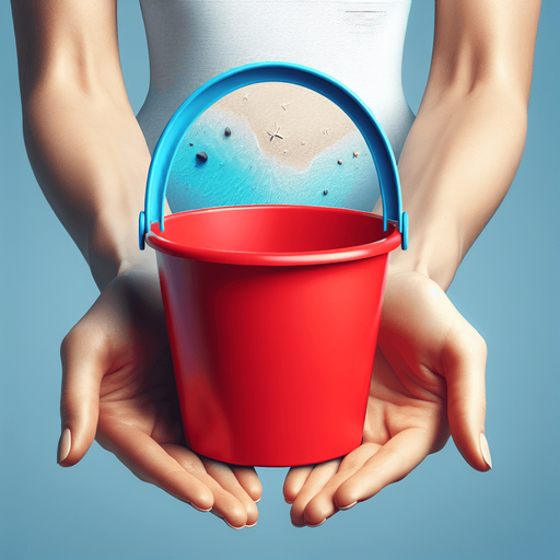 red beach bucket with a blue handle hold by two hands from its bottom..
photorealistic