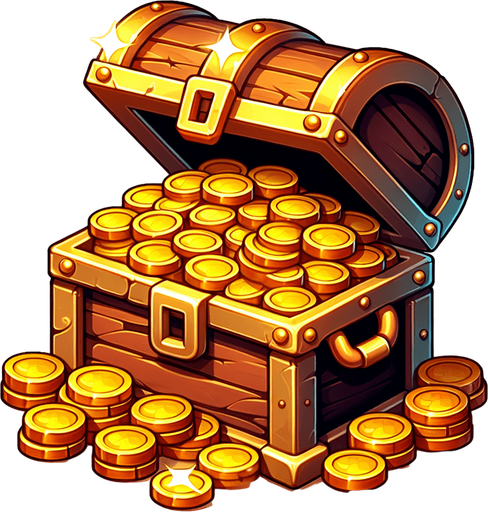 A treasure chest. Medieval style. cartoony. Open and full of gold coins. Single Game Texture. In-Game asset. 2d. Blank background. High contrast. No shadows.