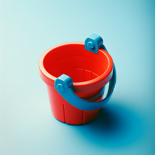 face view of a red beach bucket with a blue handle..
photo