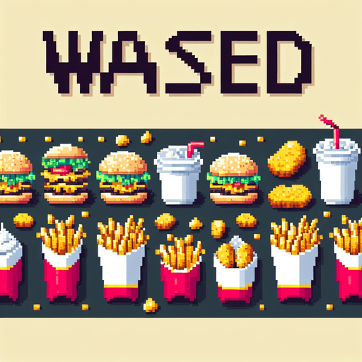 8-bit pixelated text saying "WASTED" against a fast food like burgers, fries and nuggets.
Single Game Texture. In-Game asset. 2d. Blank background. High contrast. No shadows.