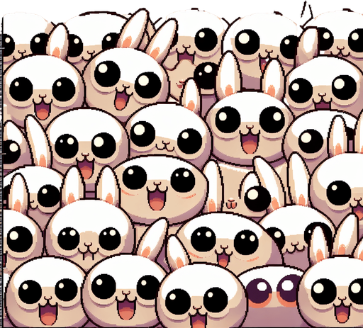 A spritesheet of cute happy and very silly-looking rabbits staring wideeyed at the camera..
Single Game Texture. In-Game asset. 2d. Blank background. High contrast. No shadows.