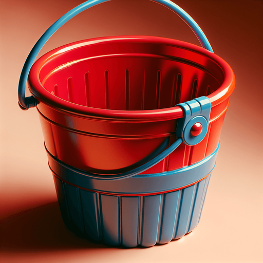 face view of a red beach bucket with a blue handle..
photo