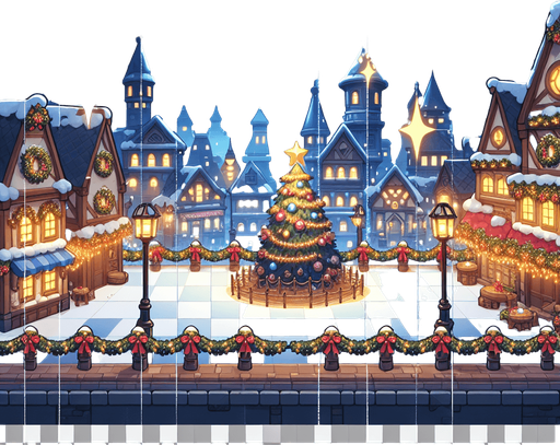 2d 3rd person front view of a christmas town square with a starry sky Single Game Texture. In-Game asset. 2d. Blank background. High contrast. No shadows.