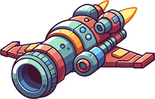 Computer game. Cartoon hero spaceship facing upwards, large cannon at the center of the ship. Bright colors.
Single Game Texture. In-Game asset. 2d. Blank background. High contrast. No shadows.