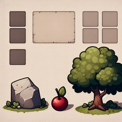 A tree a rock and crambery in a RTS style Single Game Texture. In-Game asset. 2d. Blank background. High contrast. No shadows.