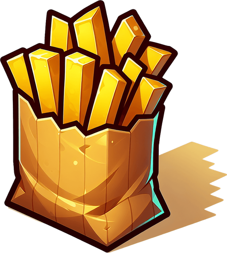 Create a cartoon-style illustration of fries in a brown bag. The goal is to capture a lively and playful object. Front perspective.
Single Game Texture. In-Game asset. 2d. Blank background. High contrast. No shadows.