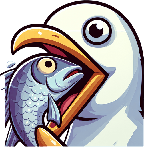 create a cartoon-style illustration of a seagul's face chomping down on a fish make it comical..
Single Game Texture. In-Game asset. 2d. Blank background. High contrast. No shadows.