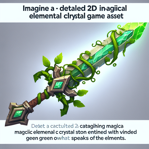 Magical elemental crystal sword made of stone and green vines..
Single Game Texture. In-Game asset. 2d. Blank background. High contrast. No shadows.