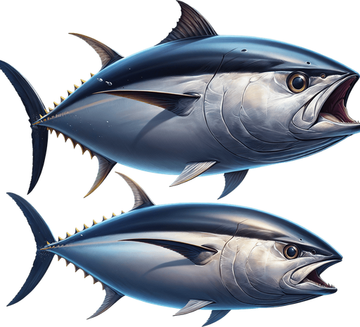 Horizontal tuna mouth open, swimming left..
Horizontal tuna mouth open, swimming left. 2024 game style. Photorealistic. Full/complete side/lateral view. Profile view