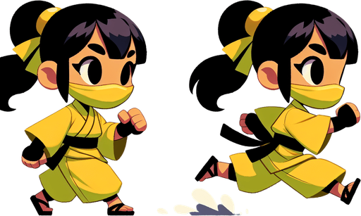 little ninja girl with a yellow kimono. Running frames: left and right legs in alternate positions.
2x2 sprite sheet