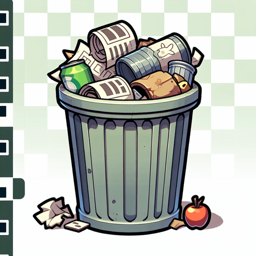 Create a cartoon-style illustration of an overfilled thrashcan.
Single Game Texture. In-Game asset. 2d. Blank background. High contrast. No shadows.